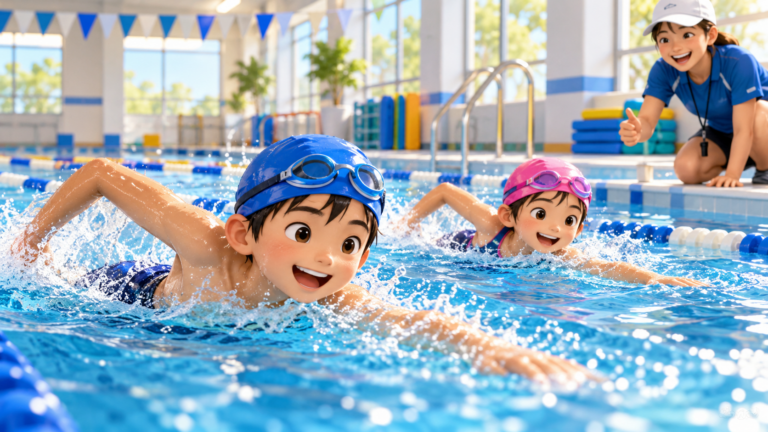 子どもたちがプールで水泳を楽しむイラスト